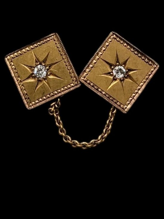 Unknown Jewelry - Edwardian Antique Solid Yellow Gold Sweater Clips Rough Diamond Starburst 1.12g